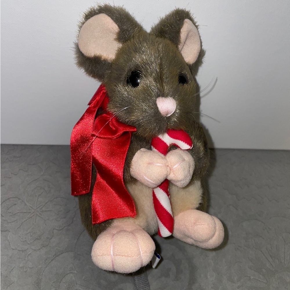 Vintage 1995 Mary Meyer 7" Brown Christmas Holiday Mouse Plush Candycane Red Bow